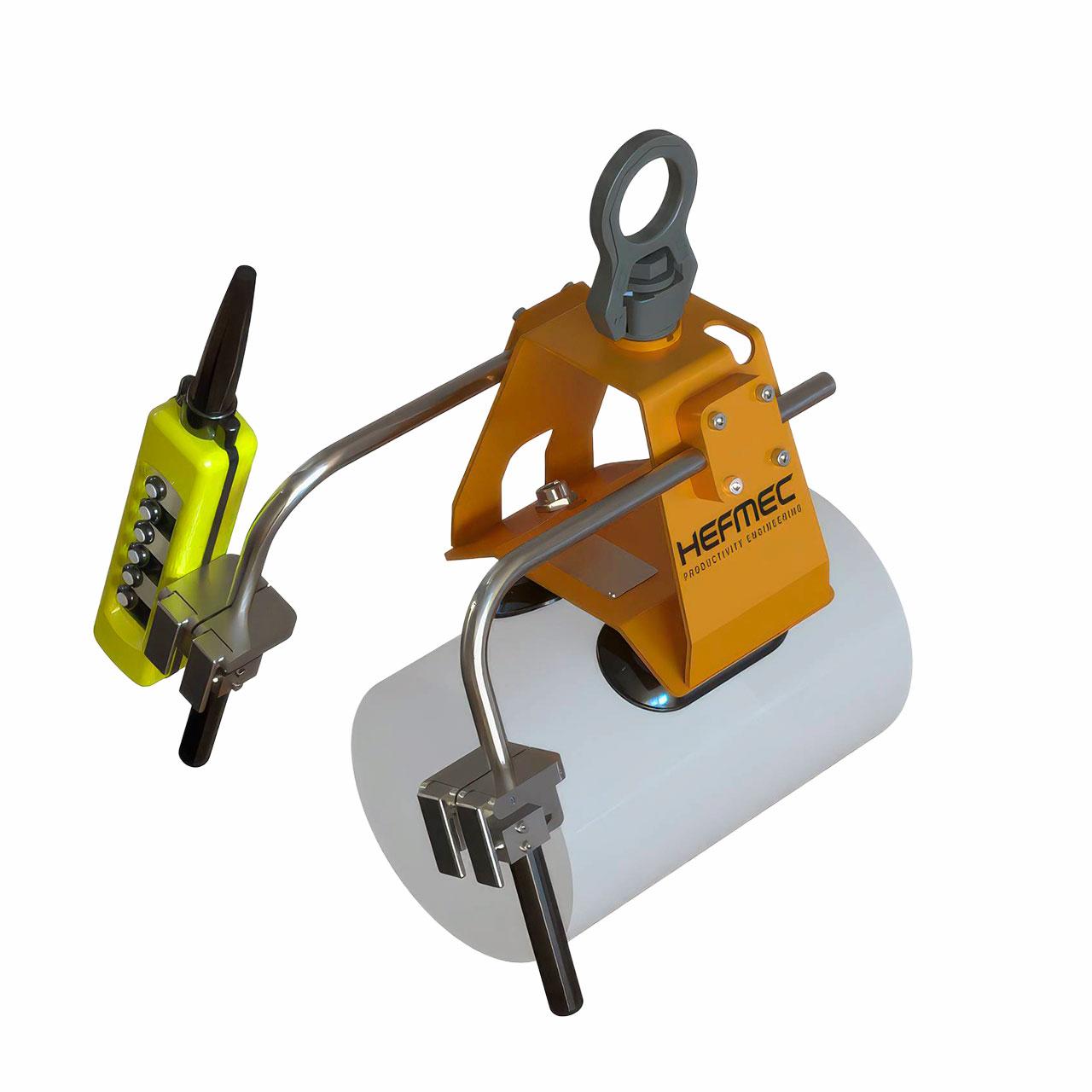 Vacuum gripper lifting a cylindrical workpiece by its curved surface