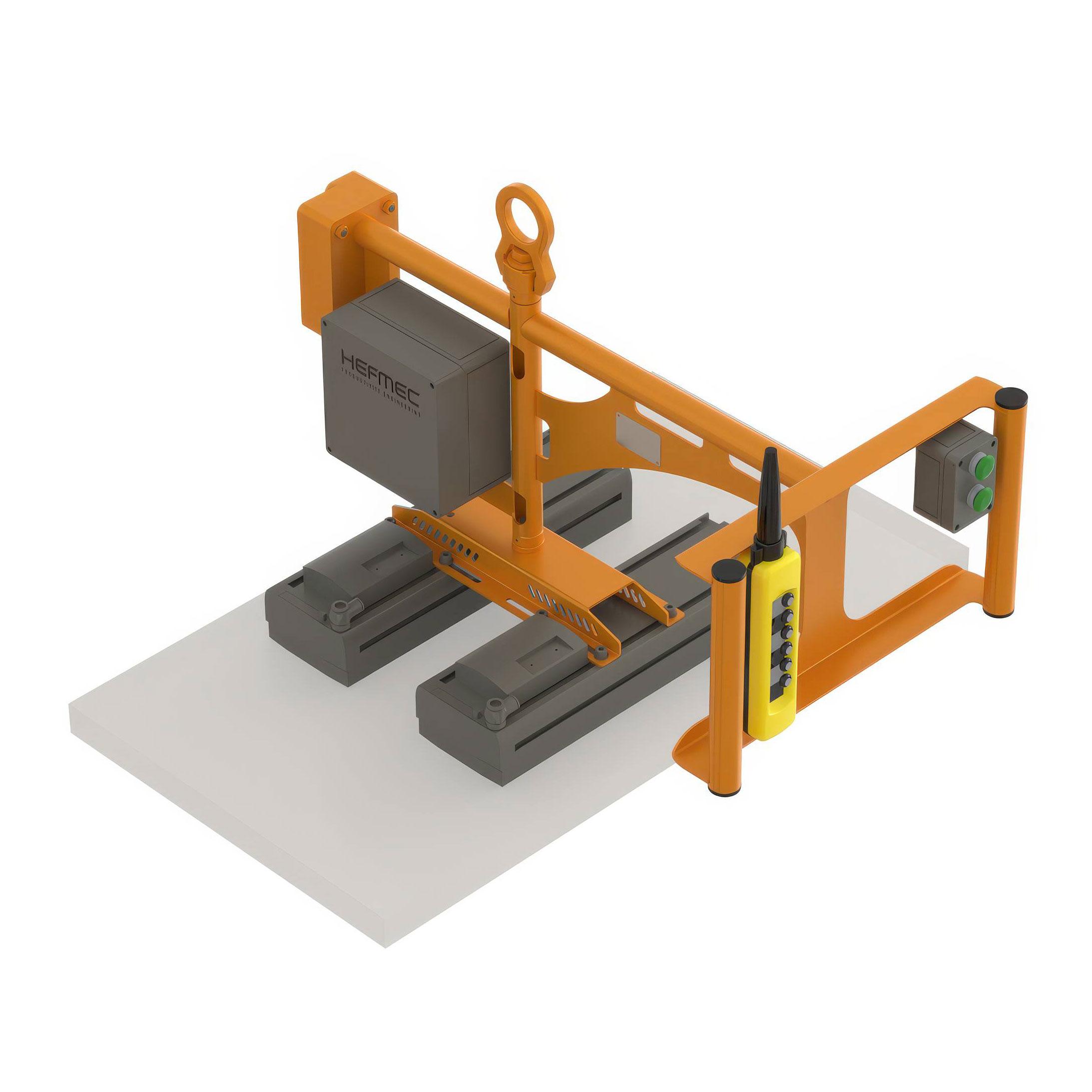 Pneumatic plate clamp gripping a horizontally lying plate with two adjustable jaws